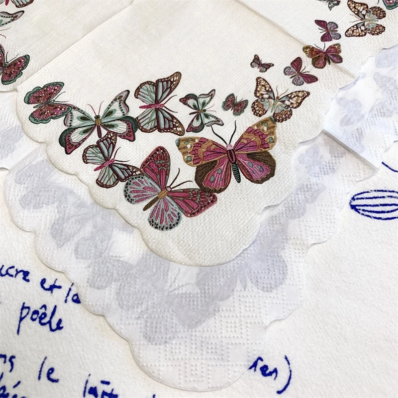 20Pcs/Bag Vintage Butterfly Decoupage Paper Flower Wave Lace Napkin Paper Disposable Tissues for Wedding Birthday Party 25x25cm