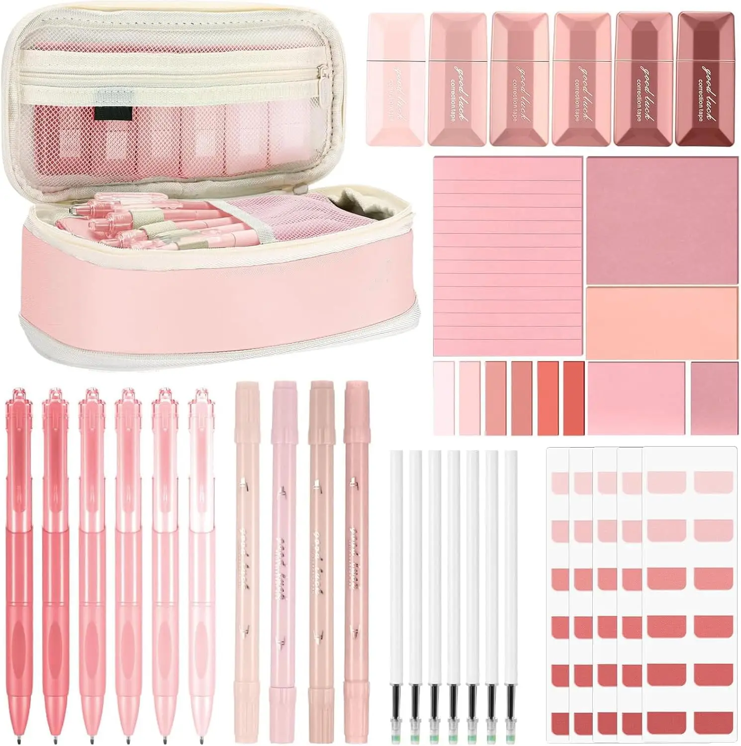

38 Pcs Aesthetic School Supplies Kit with Pen Case, Sticky Notes, Gel Pens, Highlighters, Correction Tapes - Pink