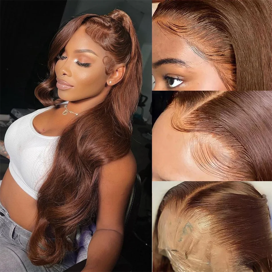 

Chocolate Brown 13x4 Lace Front Wig Brazilian Pre Plucked HD Lace Frontal Wigs Dark Brown Body Wave Human Hair Colored Wigs