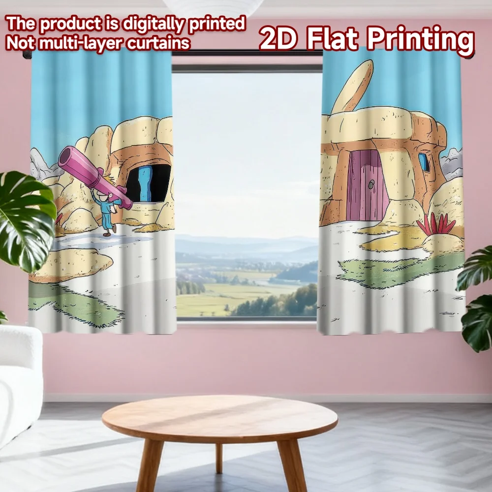 

2D flat printing 2pcs Curtain Stone Age Cartoon Home Digital Printed Polyester Drapes All Season Party & Holiday Decor Perfect