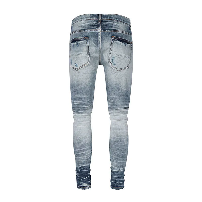 High Street Fashion Men Jeans Retro Washed Blue Stretch Skinny Fit Printed Patched Ripped Jeans Men Brand Designer Hip Hop Pants