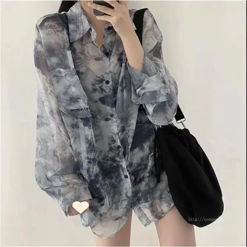 DAYIFUN Ink Printing Ladies' Shirts Summer Chiffon Thin Lapel Pockets Blouses Women's Sunscreen Long-sleeved Versatile Tops