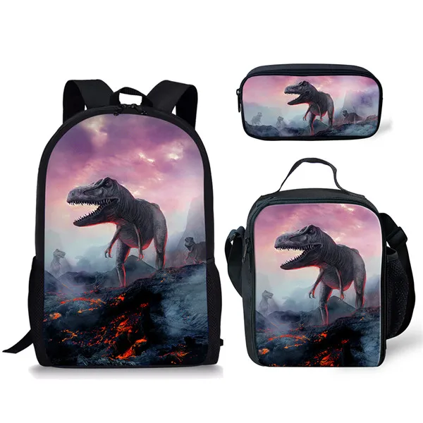 Ransel cetakan dinosaurus keren untuk anak-anak laki-laki perempuan 3 buah Set tas sekolah perlengkapan siswa remaja tas buku dengan tas pensil untuk makan siang