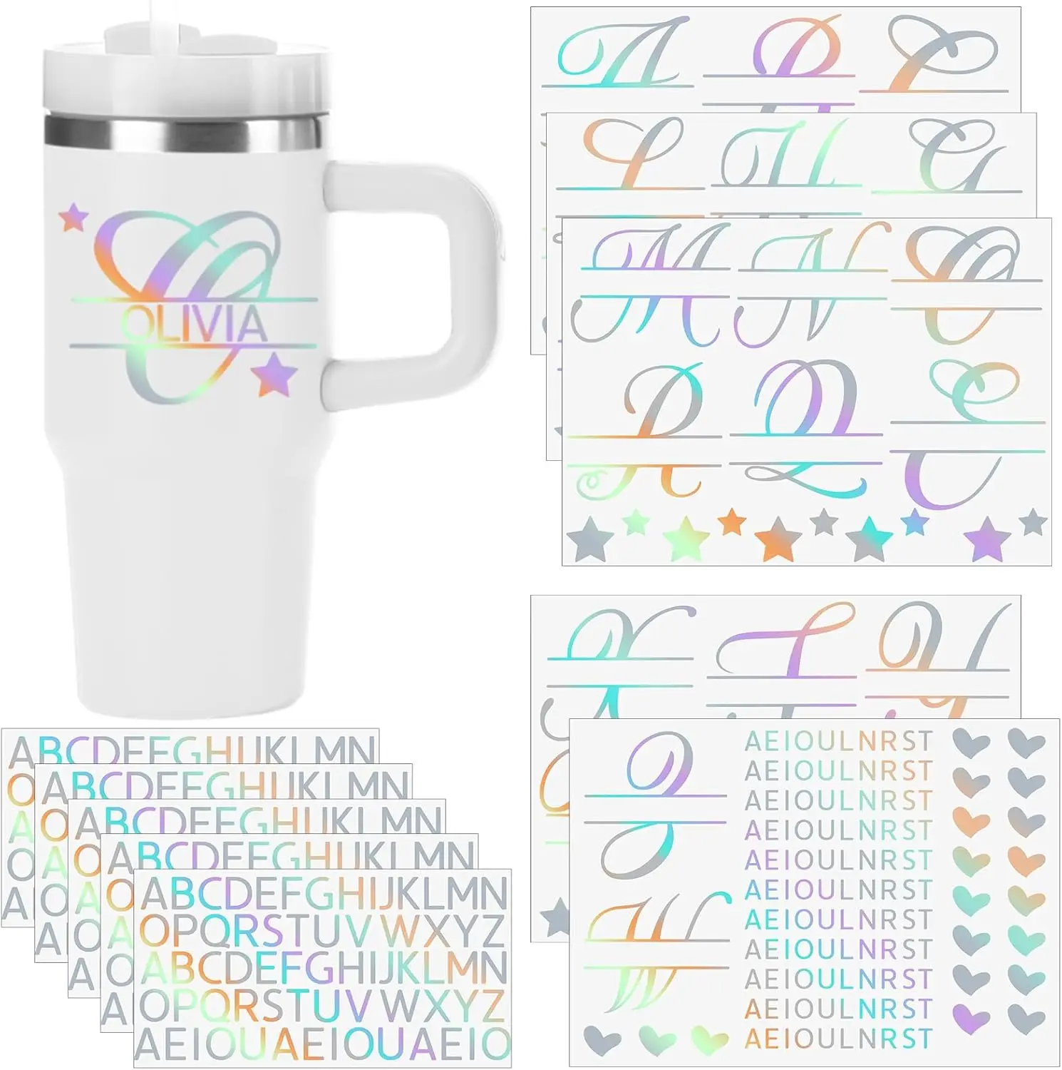 

10 Sheets UV Vinyl Letter Stickers for Tumbler, Waterproof Monogram Decals for Cups Laptops, Iridescent