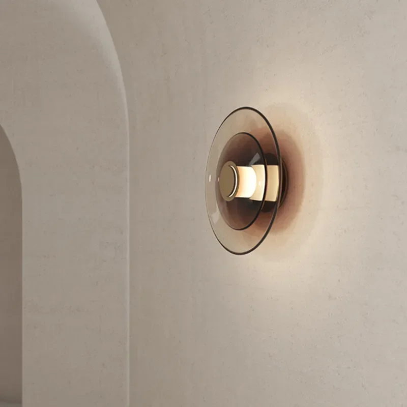 

Modern Round LED Wall Lamp Gray Amber Glass Foyer Bedroom Aisle Sconce Atmosphere Decoration New Style Drop Shipping