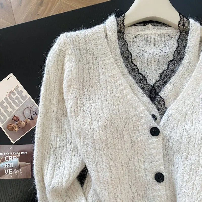 Dames gebroken wit V-hals kant patchwork mohair vest trui vintage jaren 2000 Y2k gebreide kleding lange mouwen kasjmier trui herfst