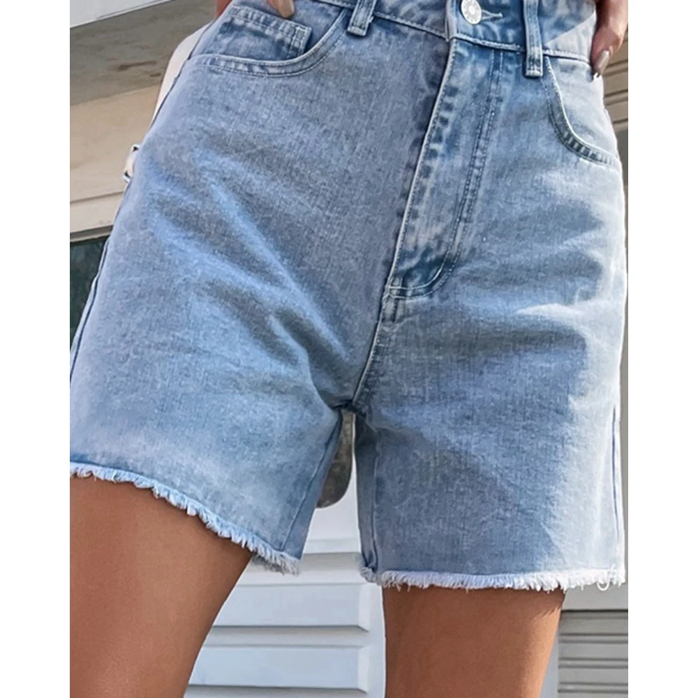 Summer Women Washed High Waist Denim Shorts Female Casual Pocket Design Tassel Hem Straight Jeans Midi Short Pants Streetwear