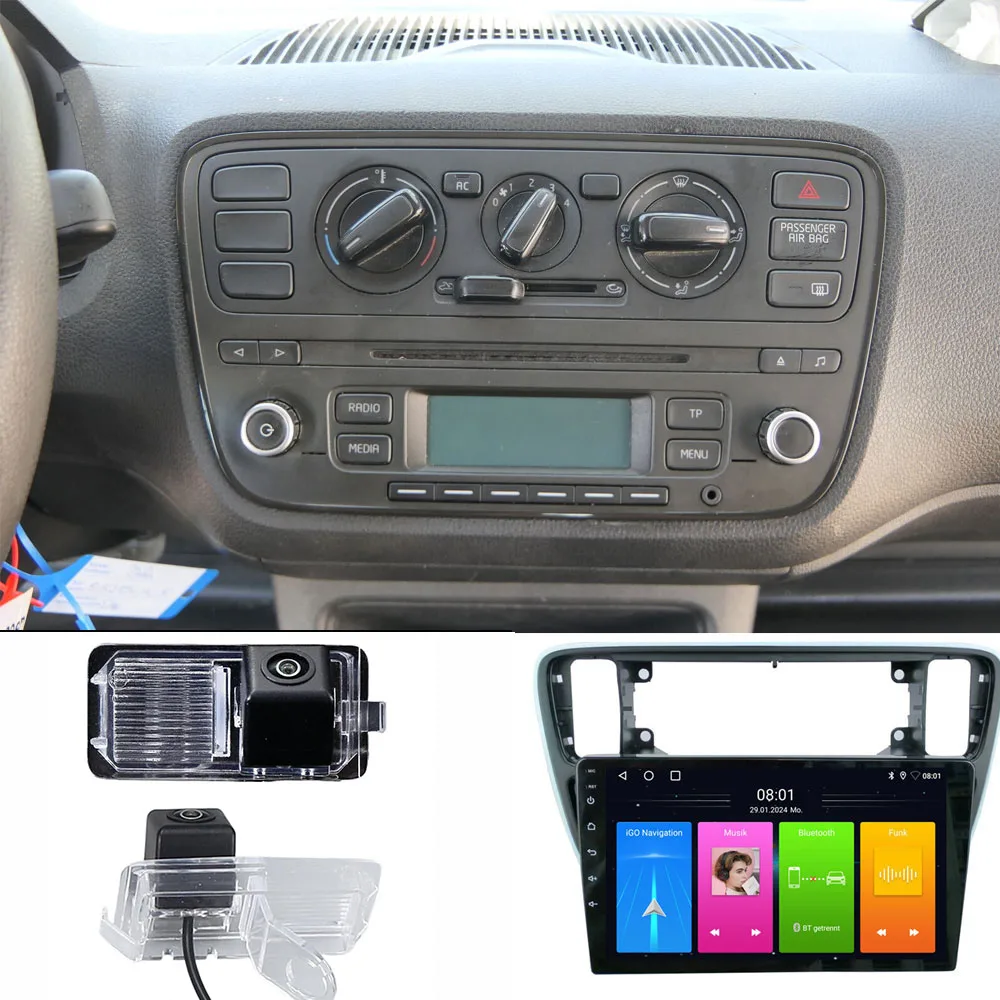 Android-Autoradio mit Carplay-GPS-Navigation + HD-Rückfahrkamera für Seat Ibiza V 4 Sportcoupe E-Citigo VW Load UP E-Up 121 122