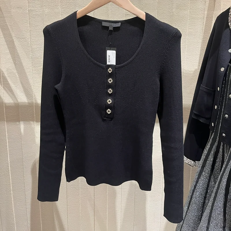 

HEIDD M Home Early Spring U-Ne Slim Fit Long Sve Bla Knitted Top Korean Sle Commute Faion Women's Premium Clothing