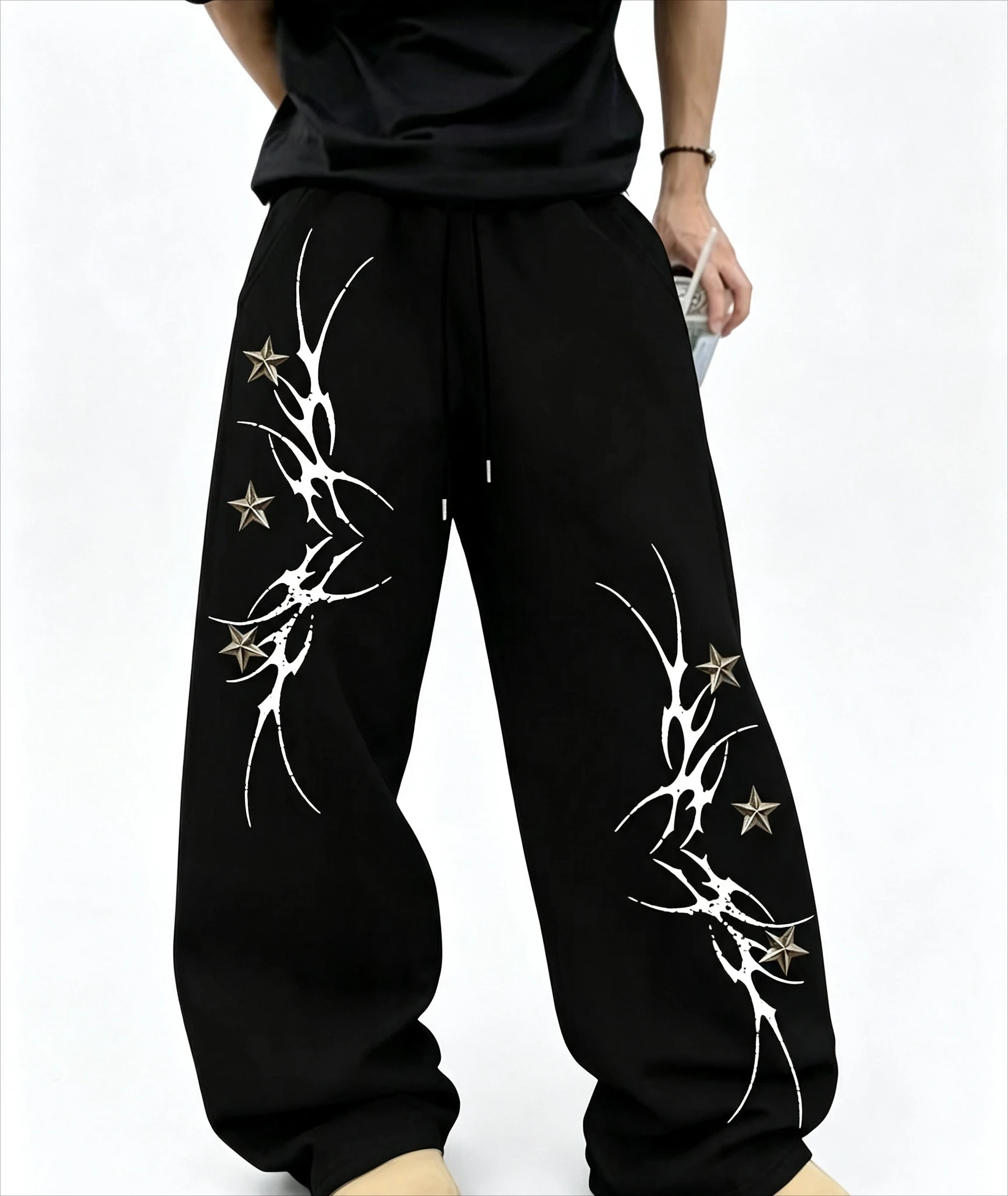 2026 Autumn Fashion New Dark Gothic Sparkling Star Printed Straight Leg Sports Pants Pure Cotton Men's Casual Pants Large Size