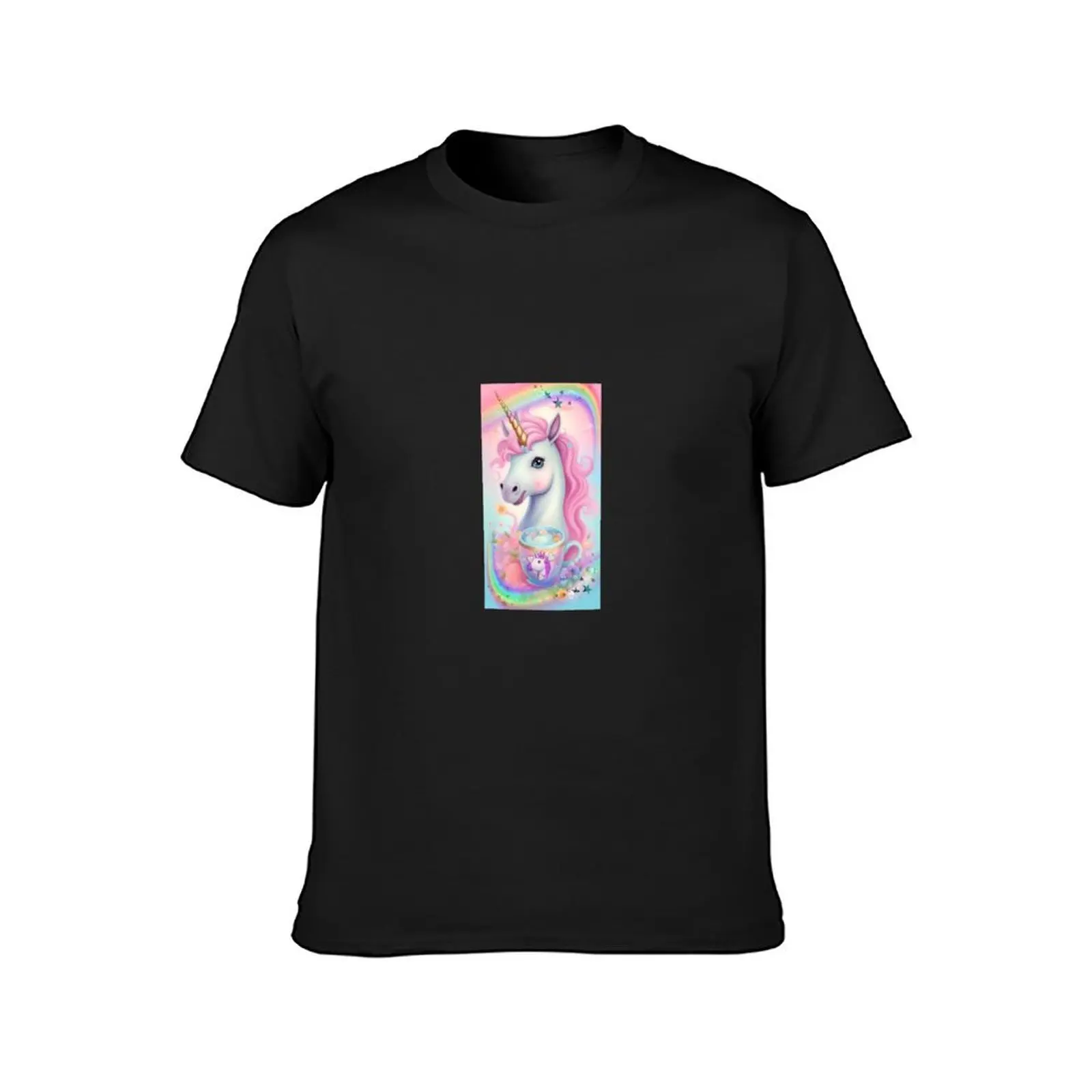 a mischievous little unicorn with his cup in his image, surrounded by rainbows and stars T-Shirt oversized Men's t shirts