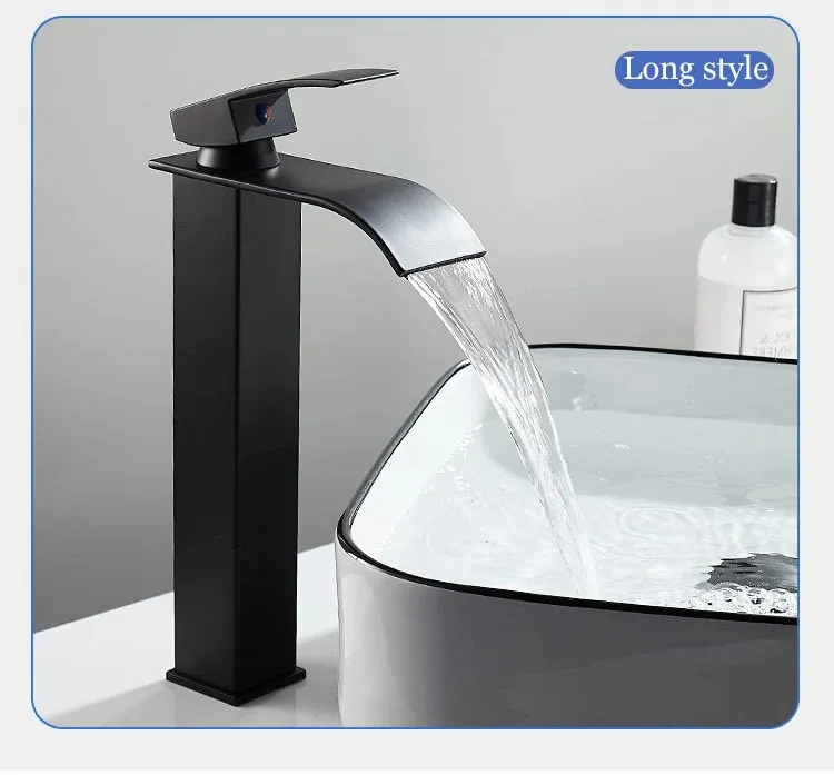 Robinet lavabo haut noir en acier inoxydable, design moderne