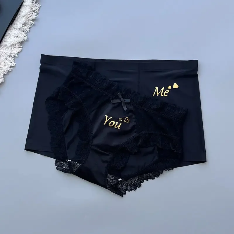 Black White Couple Matching Panties Soft Ice Silk Men Boxer Shorts & Women Sexy Briefs Two Pieces Set for Lovers Lingerie