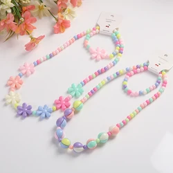 2pcs/set Candy Color Beads Jewelry Cute Flower Bow Strawberry Necklace Bracelet Sets for Kids Party Jewelry Girl Birthday Gift