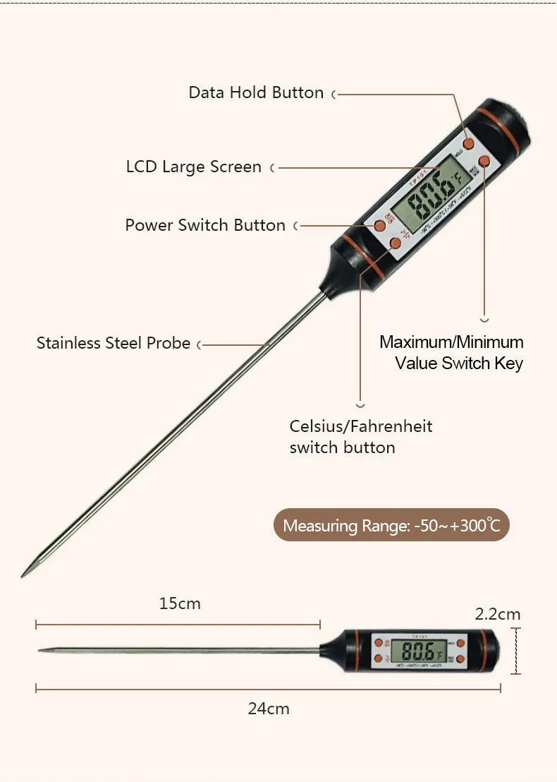 Kitchen Food Baking Digital Thermometer Electronic Probe Type Digital Display Cooking Liquid Grill Oven Thermometer
