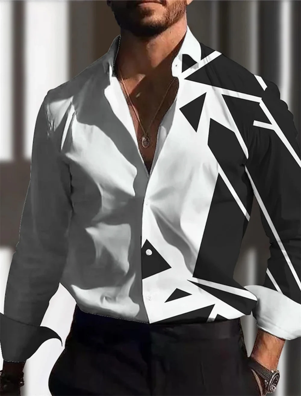 

New men's button up long sleeved lapel shirt with geometric print pattern fashionable street party men's clothing