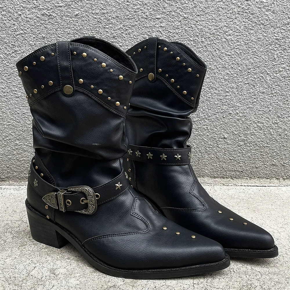 Brown Pointed Toe Chelsea Boots Men Studded Western Cowboy Boots Old Dirt Style Chunky Heel Buckle Strap Mid Calf Boot