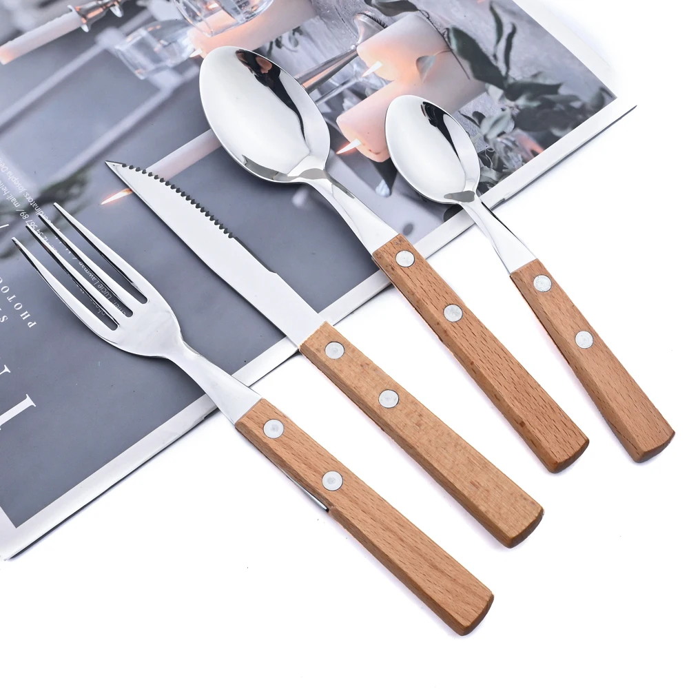 AJOYOUS Cutlery Set Wood Handle Flatware Knife Fork Spoon 16/24Pcs Tableware Stainless Steel Dinnerware Party Kitchen Silverware