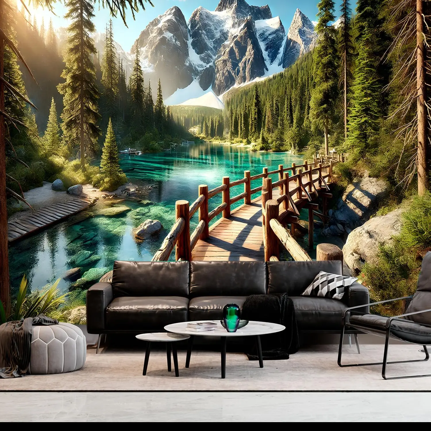 Mountain Lake Tapestry – Forest Stream Landscape Wall Art, Snowy Mountain View Decor for Bedroom, Living Room, 110x87 Inches