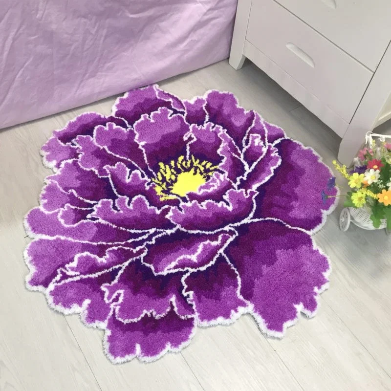 3D Red Peony Carpet,Thick Flower Rug,Bedroom,Living Room,Round Rugs,Bed,Soft Parlor, Anti-Slip Door Mat,Hallway,Pink Carpets