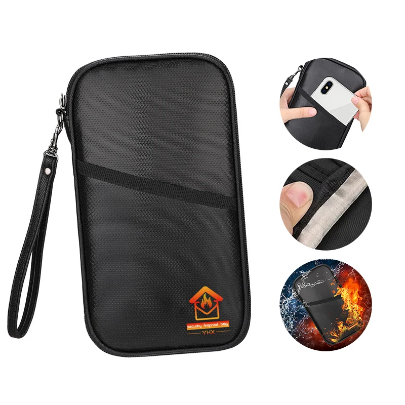 Fireproof Waterproof Passport Bag RFID Blocking Material Holder Passport Pouch  Zipper Multi Compartment Area Organizer Bag