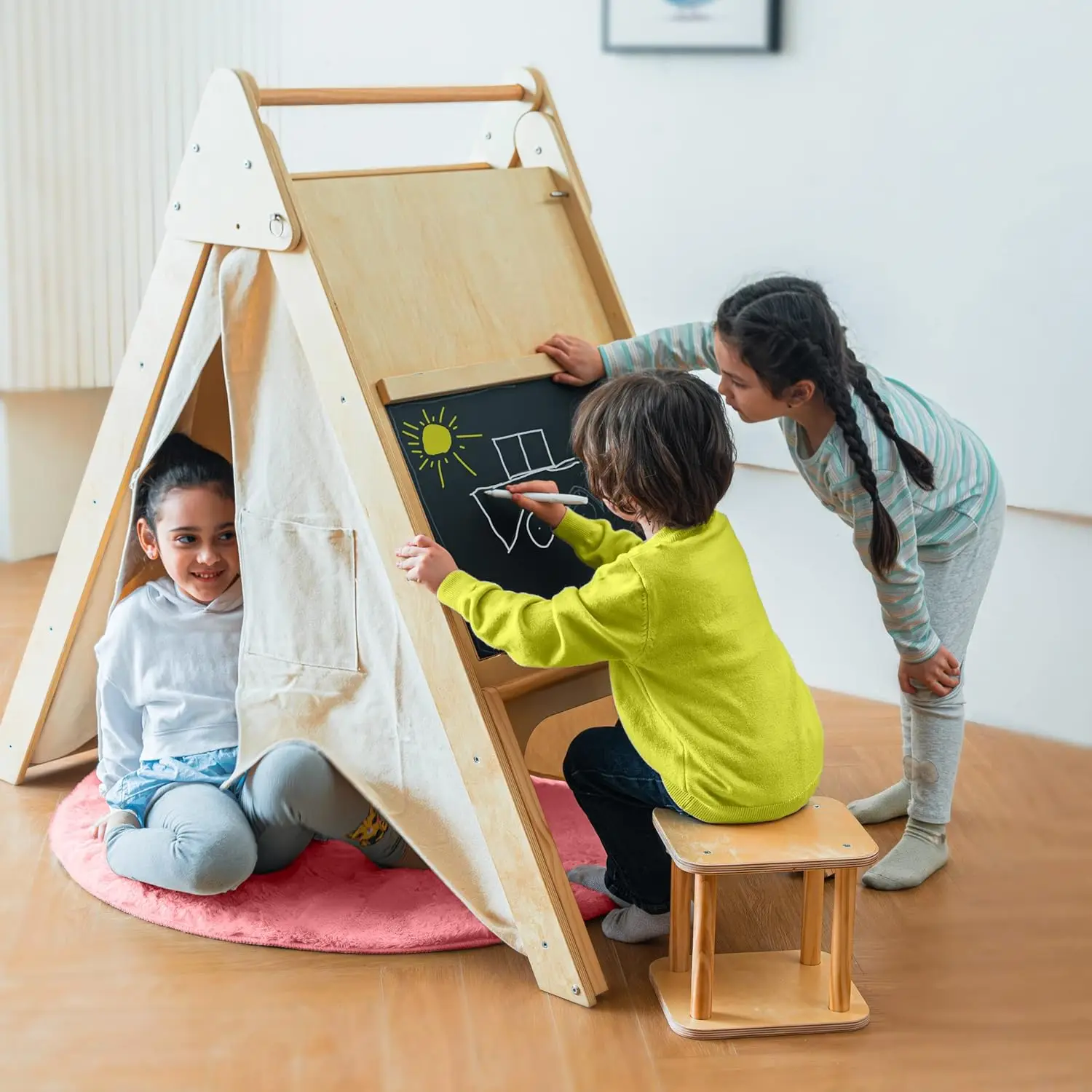 Oak Foldable Triangle Climber 5 in 1 Kids Playhouse Hideaway Montessori Learning Play Tent, Desk, Chair Stool, Art Easel, Chalkb