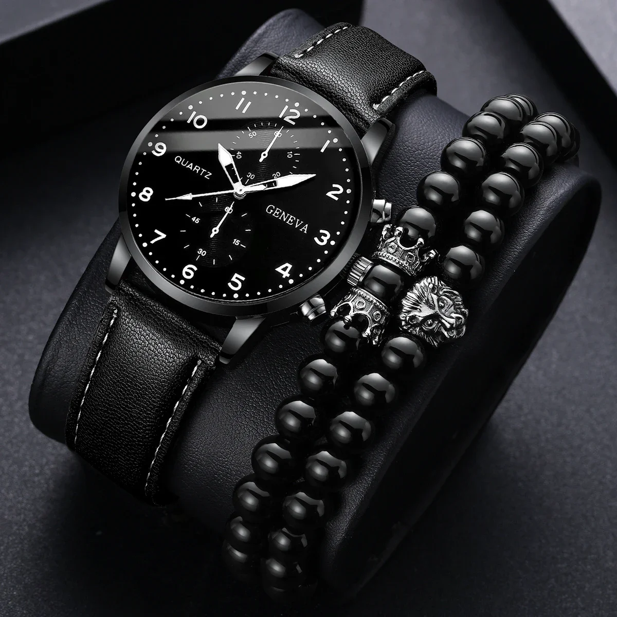 

3 Pçs/set Relógio Masculino Casual Pulseira De Couro Relógios De Quartzo Conjunto De Pulseiras De Contas (Sem Caixa)