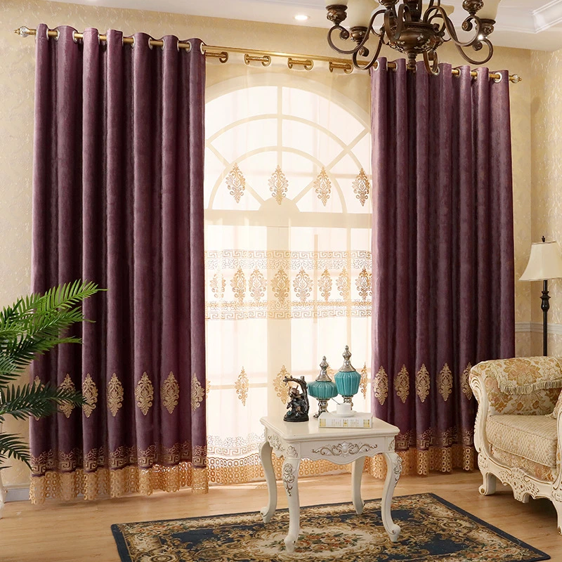 

European Purple Chenille Embroidery Blackout Coffee Color Velvet Luxury Curtains for Living Dining room Bedroom Tulle Custom