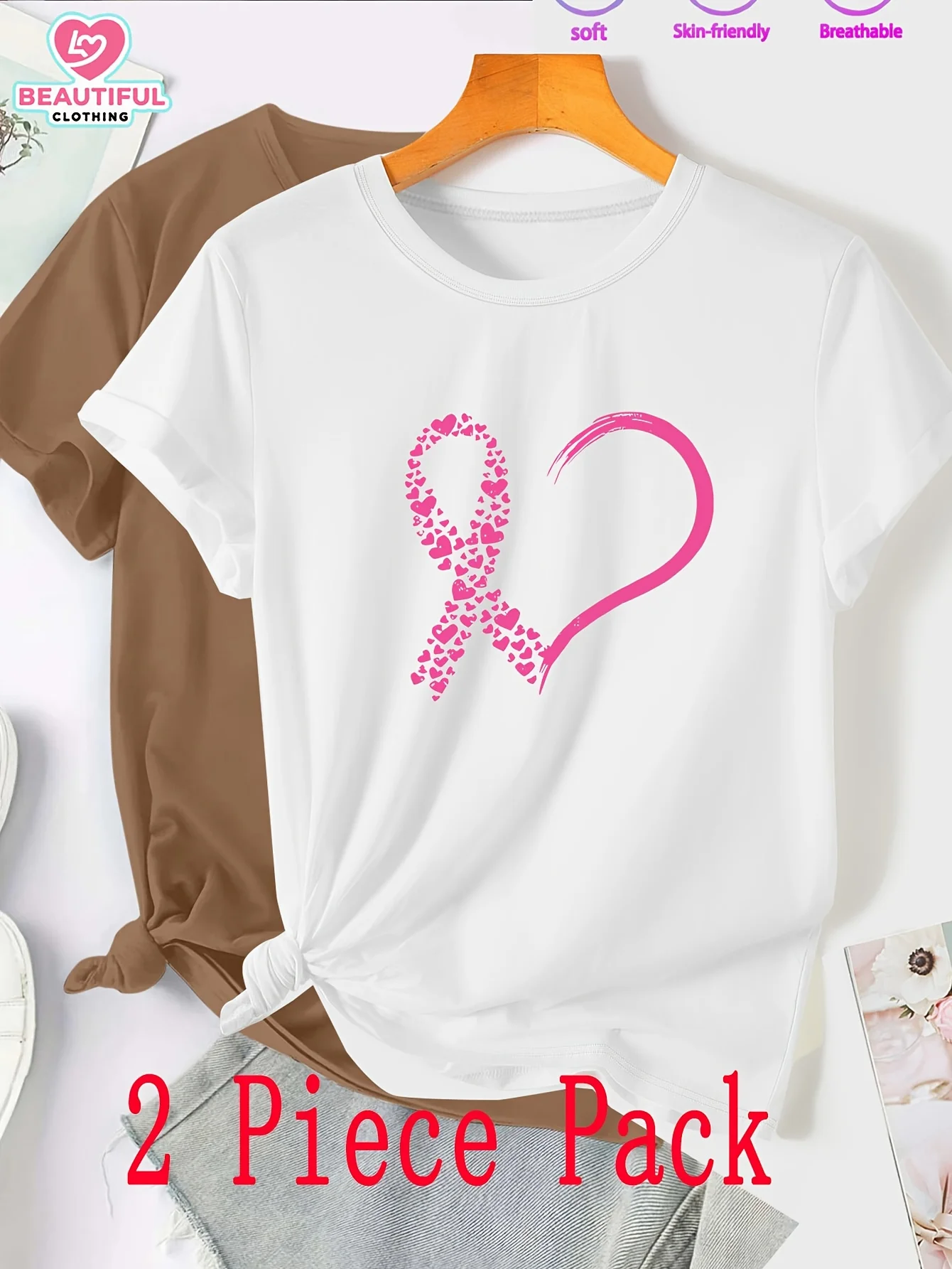 Pink Heart-shaped Ribbon Shirt Soft Daily Casual T-shirt Charity Activities and Daily Wear Breast Cancer Awareness Series