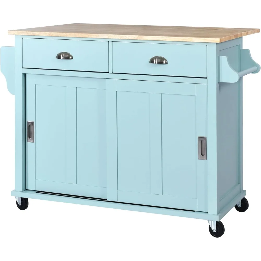 

Hotel Cart with Rubber Wood Drop-Leaf Countertop and Sliding Barn Door, Rolling Mobile Island on Wheels , Mint Green, 52.20Inch