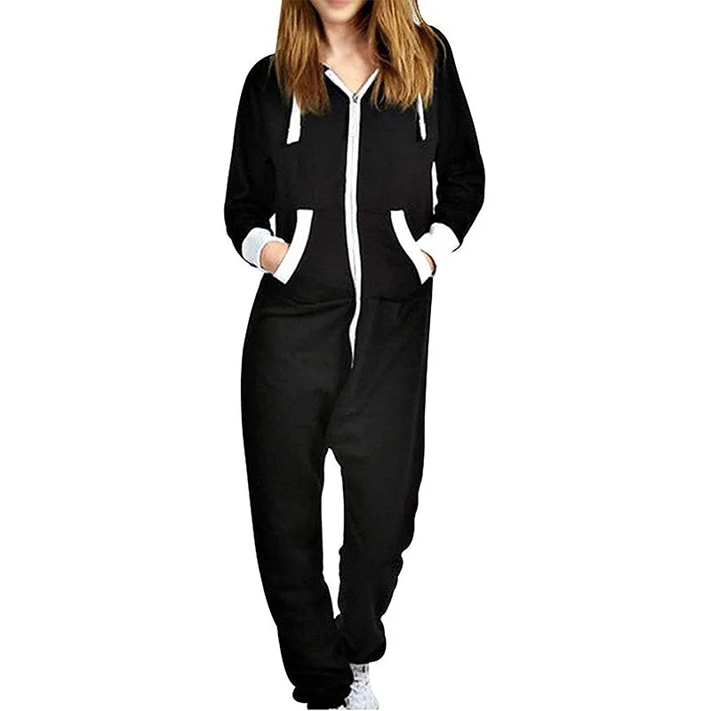 Unisex Sleepwear Jumsuits Hooded Pockets  Zipper Onesies One Piece Solid Pajamas Homewear Long Sleeve Nightwear  Casual Pyjamas