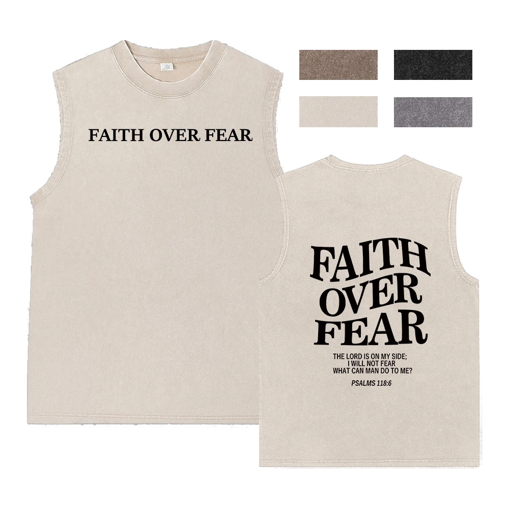 Summer Men's Casual Gym Vintage Washed Crew Neck Tank Top Streetwear Distressed Cotton Sleeveless Tee Faith Over Fear Christian