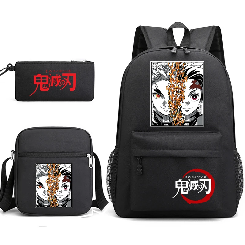 Demon Slayer Anime Print School Backpack Set 3Pcs with Shoulder Bag Pencil Case for Boys Girls