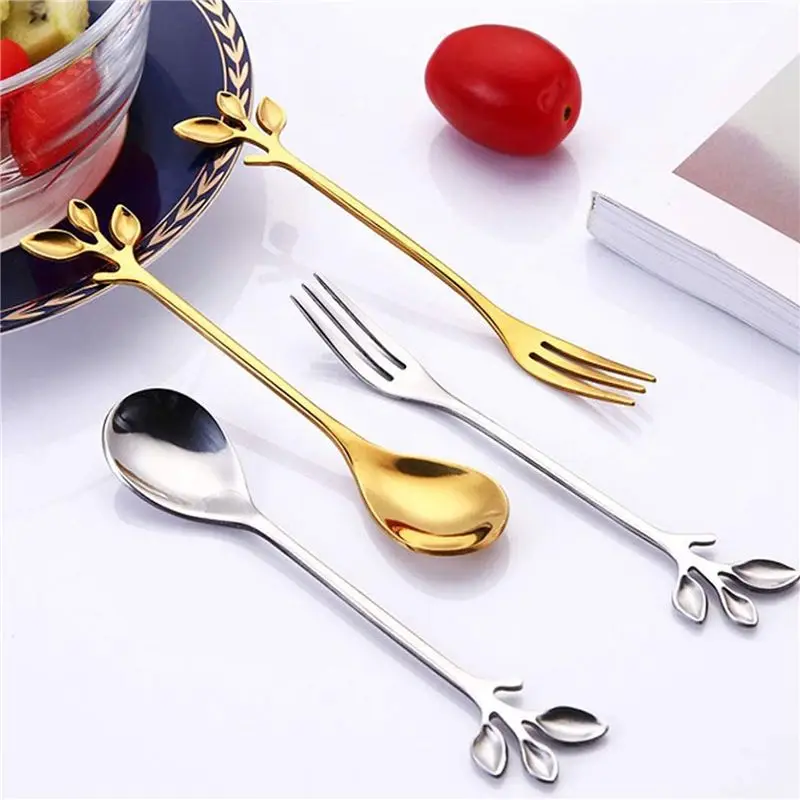 40Spoon+40Forks Stainless Steel Leaf Coffee Cake Spoon Fork Dessert Spoons, Stirring Teaspoon Set Golden