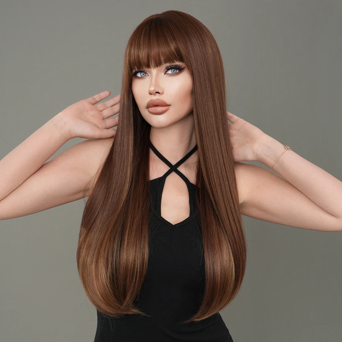 7JHH WIGS Long Straight Light Brwon Wigs with Neat Bangs High Density Synthetic Heat Resistant Hair Wig for Women Daily Party