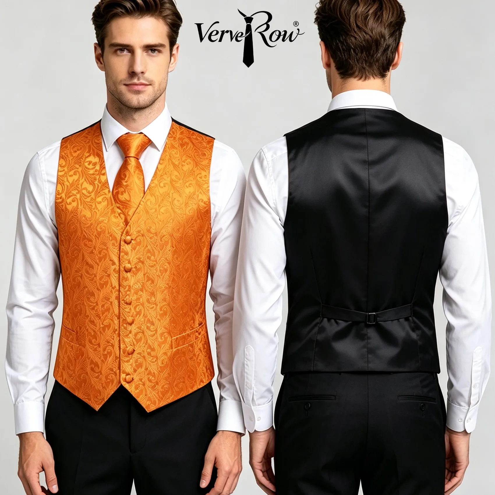 Orange Jacquard Vest Tie Pocket Square 3Pcs Set Men Formal Accessory For Wedding Business Party Daily Office Matching Outfit