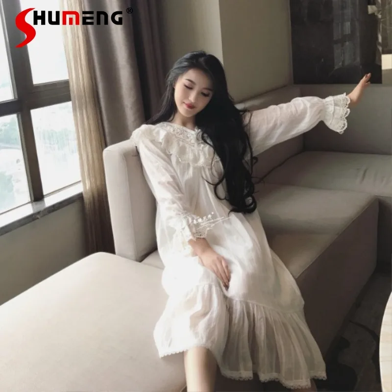 

Женские весенне-осенние пижамы из чистого хлопка, ночная рубашка с длинными рукавами для девочек, милая домашняя одежда принцессы в дворцовом стиле