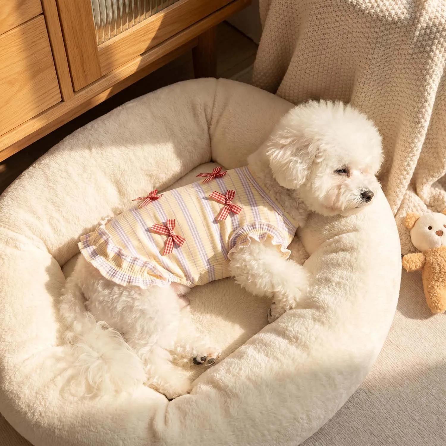3D Mesh-Hundekostüm mit Schleifen- und Streifendekoration - mit Rüschen, Geeignet für Kleine und Mittelgroße Hunde – Detail 1