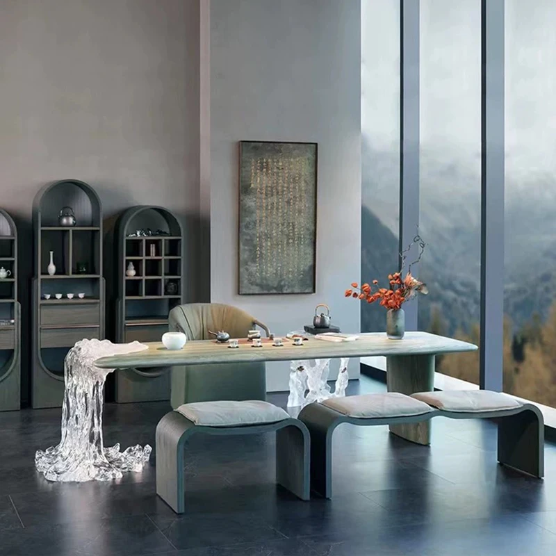 Flowing water tea table Modern crystal solid wood Kung Fu tea table High transparency villa table