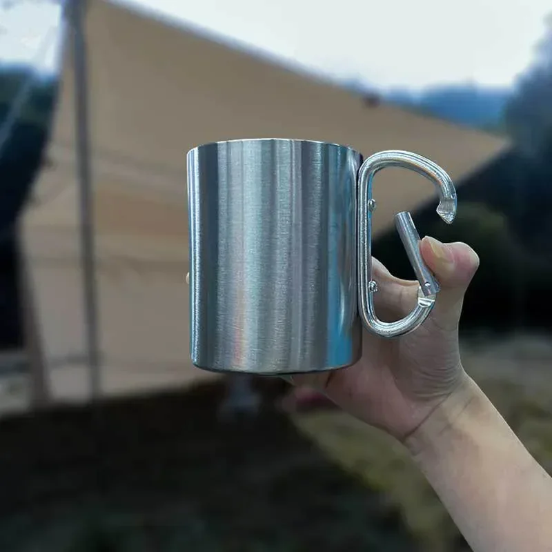 Outdoor Hiking Cup Stainless Steel Capmping Cup  Double-Layer Water Cup with Hook Handle Carabiner Travle Mug 200ml/300ml