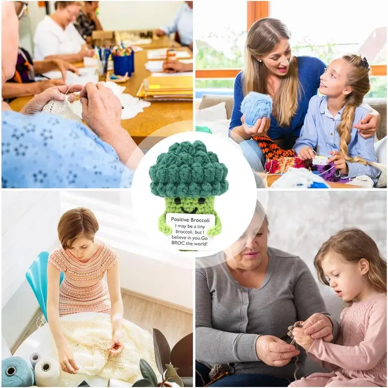 1Pcs Positive Crocheted Vegetable with Encouraging Card Emotional Support Handmade Knitting Broccoli Toy with Encourage Card