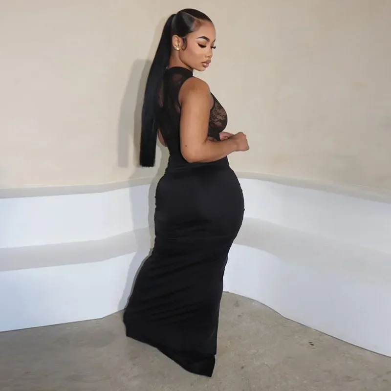 Guwu-女性のためのセクシーなレースのタイトなドレス,ノースリーブ,フリル,長いマキシドレス,透かし彫り,パッチワーク,イブニングパーティー,誕生日,夏