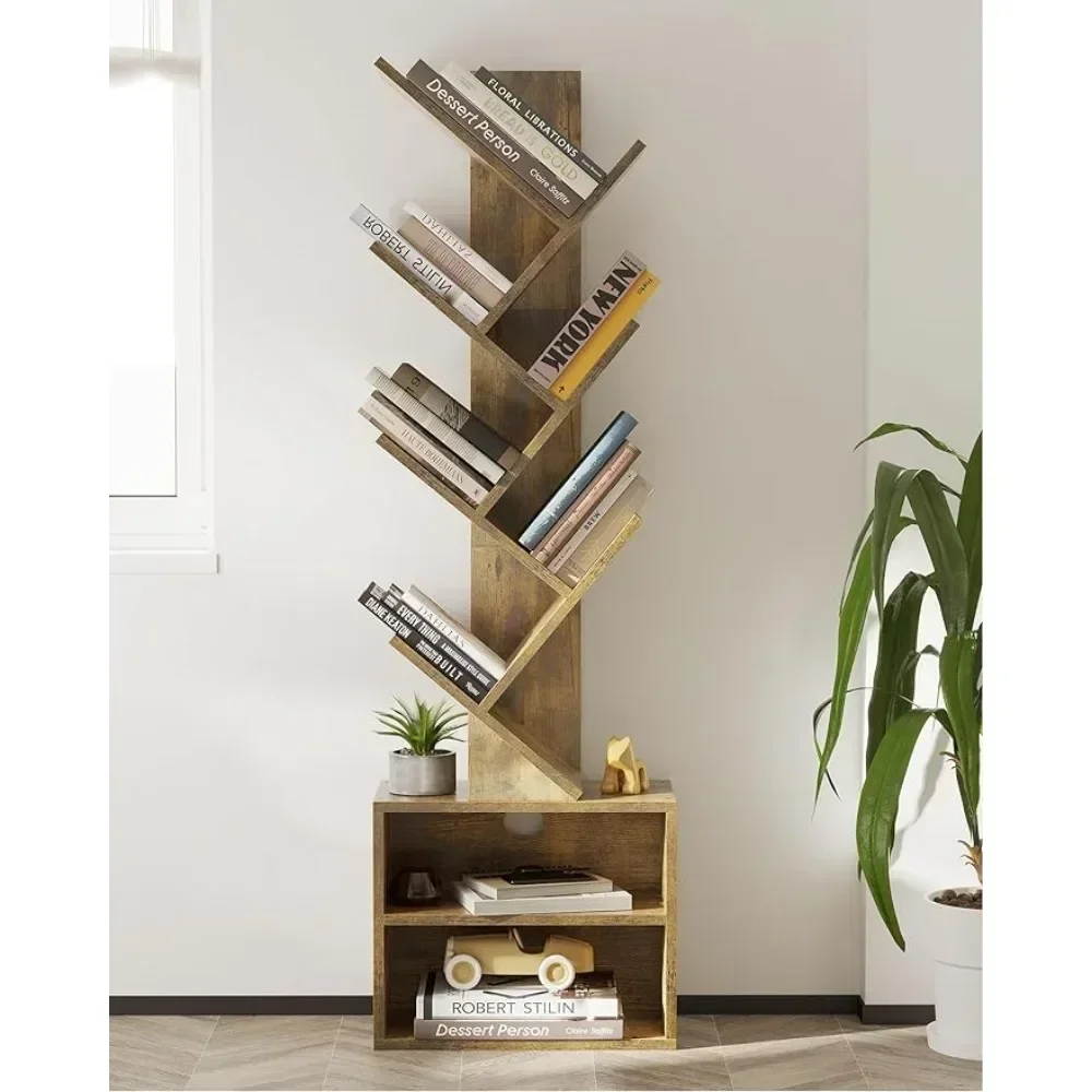 6 Tier Tree Bookshelf, Small Bookcase with Storage Cabinet, Modern Tall Narrow Bookshelves, Floor Standing Book Shelf