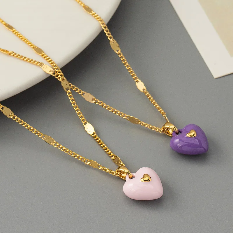 

Korean Style Fashion Purple Enamel Love Shape Pendant Necklace Light Luxury Simple Casual Sweater Collarbone Chain Stacked Ins