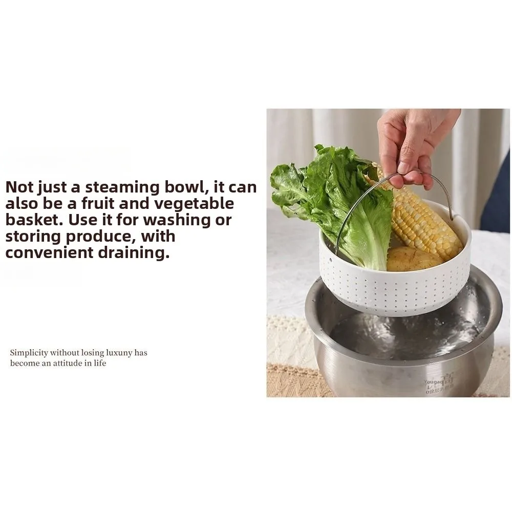

White Ceramic Rice Steaming Bowl With Handle Perforated Kitchen Steaming Tray Effective Sugar Removal Anti-scald