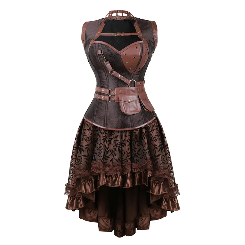 Steampunk corset dress for women Gothic faux leather corset with skirt medieval blouse top plus size Brown pirate costume dress