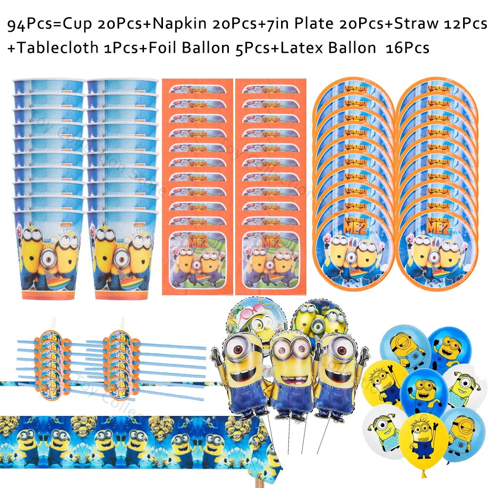 Minions 94Pcs Tableware Set Children Birthday Party Festivel Supplies Party Accessories DIY DIY Event Props Decor Latex Ballon