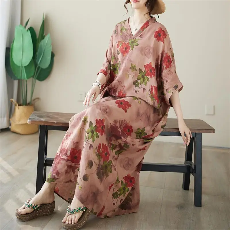 

Dimanaf 2024 Plus Size Dress Women Summer V-Neck Sundress Bohemian Floral Print Loose Big Oversize Maxi Dress 5006