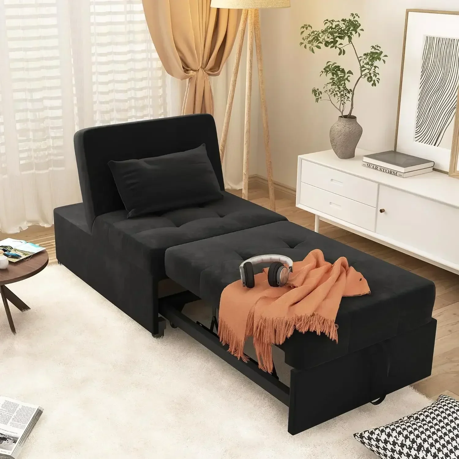 

Convertible Chair sleeper, Velvet 4 in 1 Single Sofa Folding Ottoman, Pull Out Small Couch Ottoman Bed (Velvet Black)