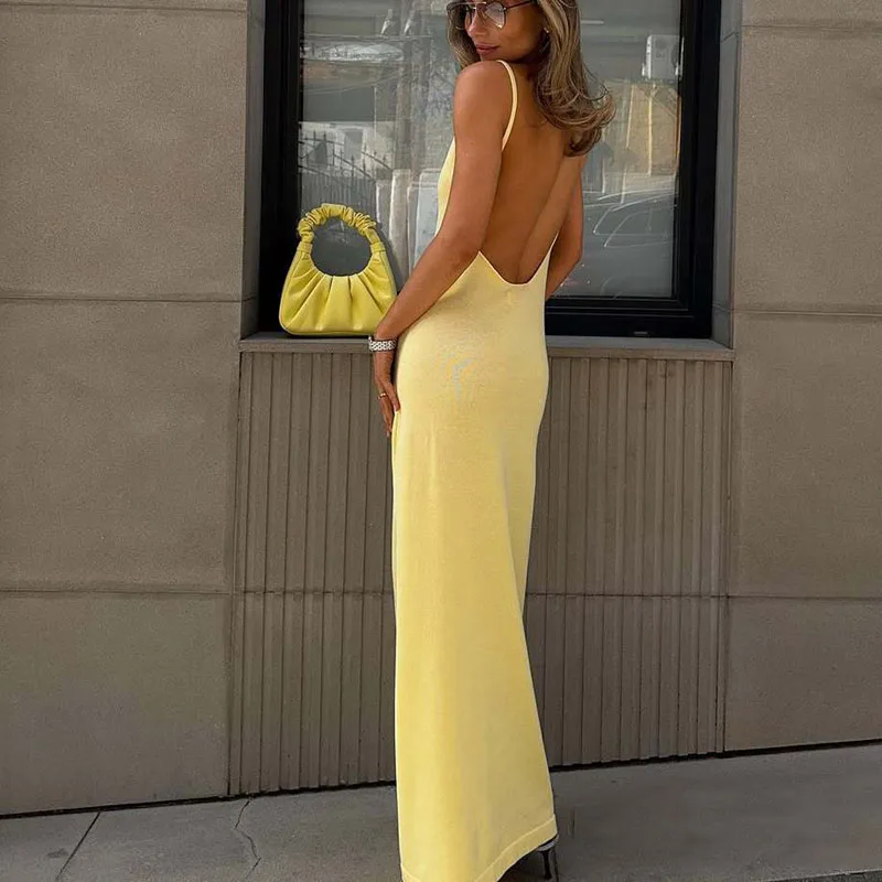 Sexy Deep V Backless Slip Long Knit Dress Beach Crochet Bikini Cover-Up Summer Strap Swimsuit Women Swimwear Robe Vestidos